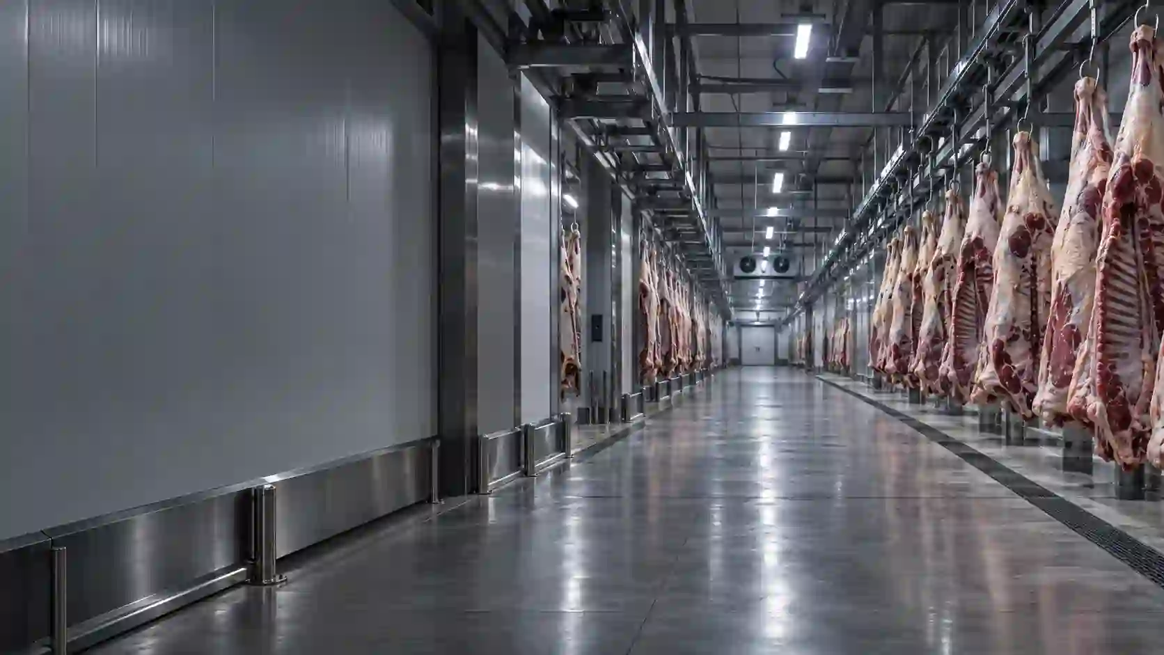 Interior de câmara frigorífica com trilhagem para carcaças, ambiente industrial Frigomat