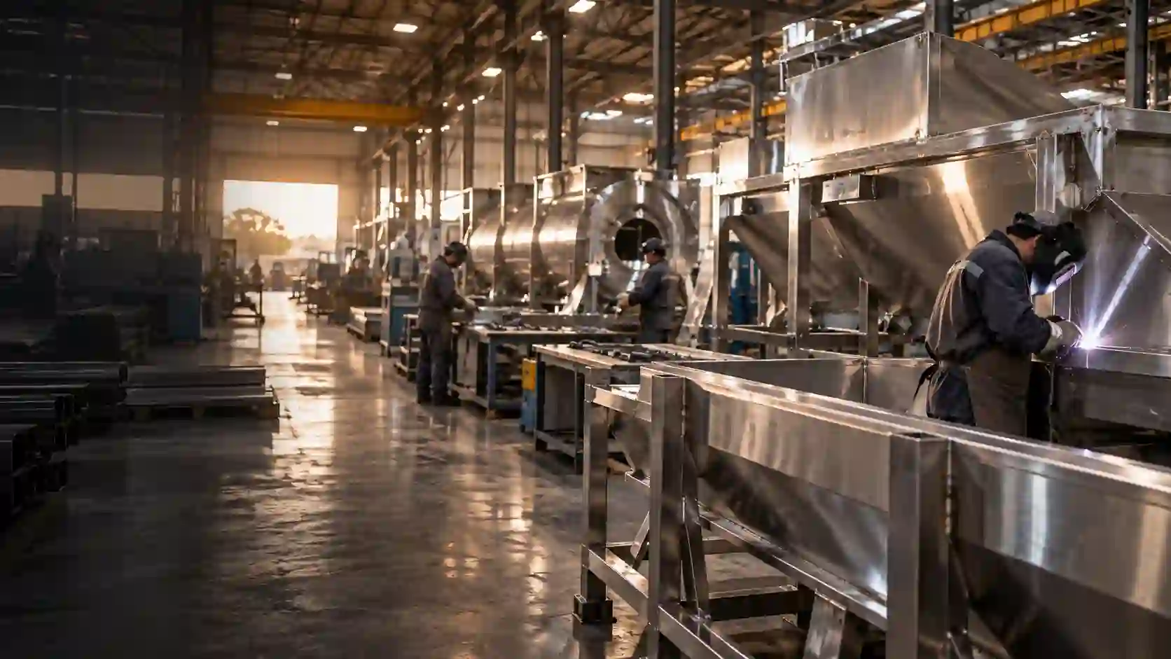 Chão de fábrica Frigomat ao entardecer, equipe fabricando equipamentos em aço inox