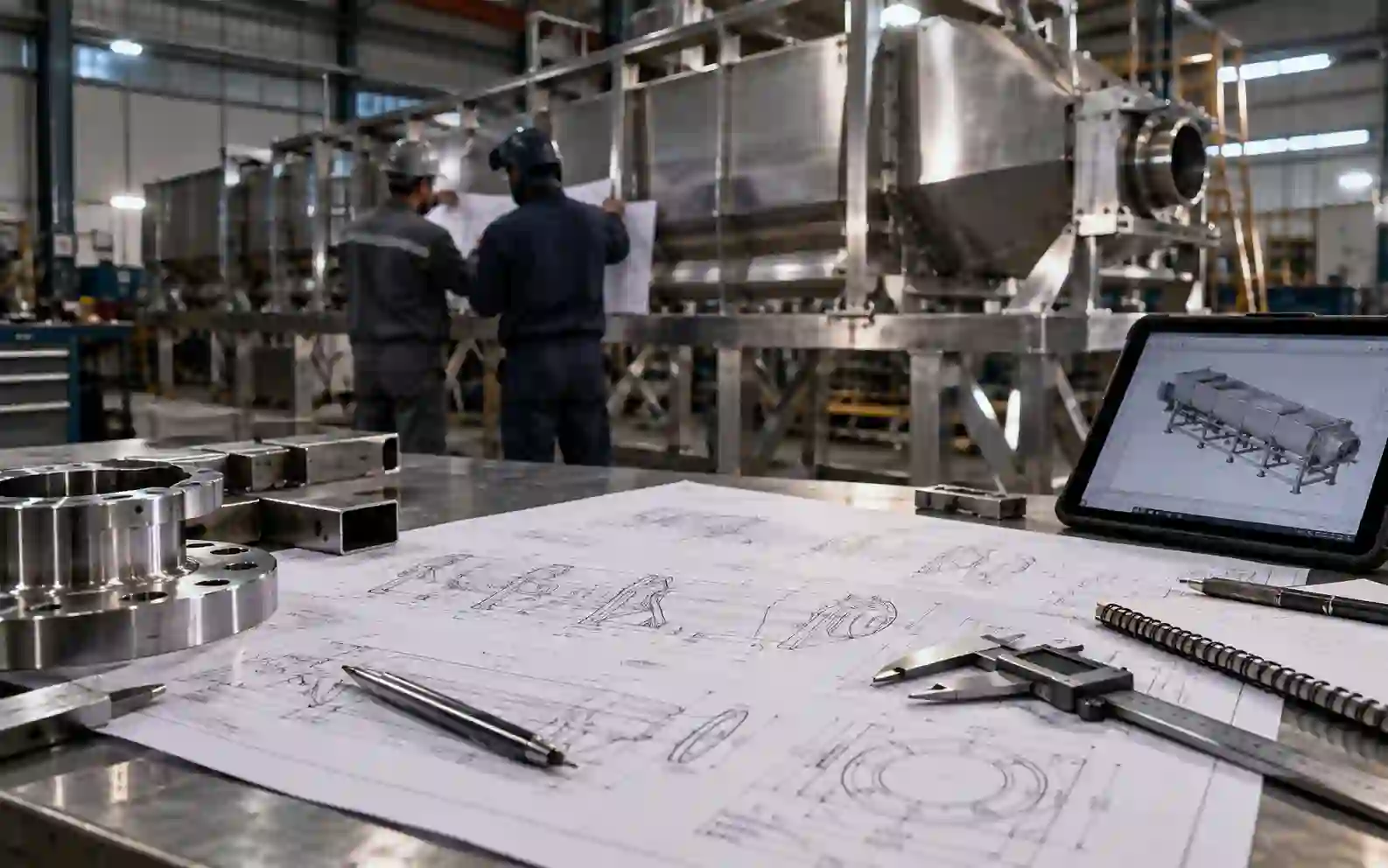 Engenheiros Frigomat analisando planta técnica junto a equipamento industrial em fabricação, com modelo 3D em tablet