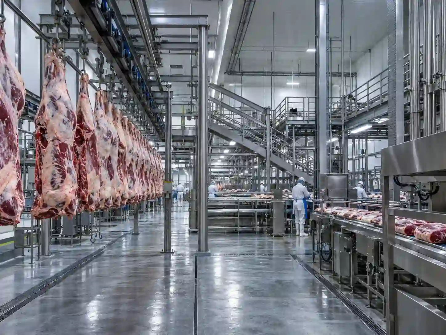 Piso de produção de frigorífico moderno com trilhagem de carcaças e linha de embalagem