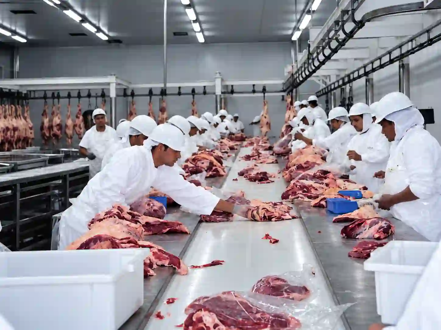 Linha de processamento industrial com equipe técnica trabalhando em desossa sob medida
